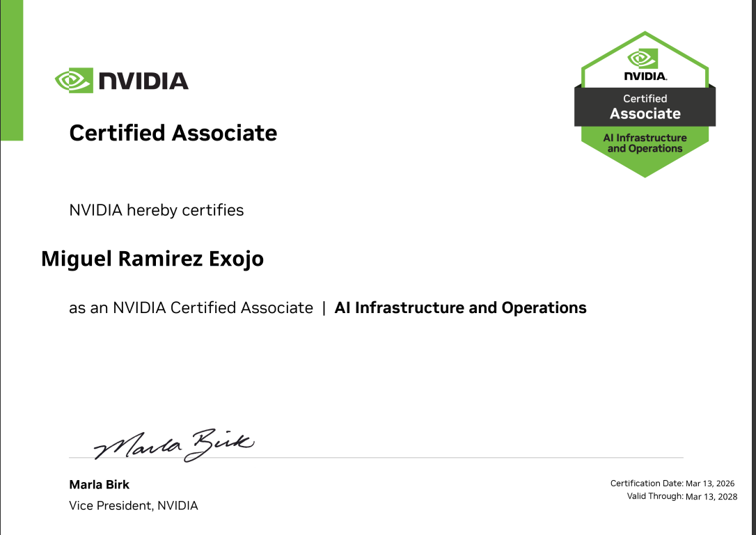 NVIDIA Certified Associate — AI Infrastructure and Operations — Miguel Ramirez Exojo — Mar 2026
